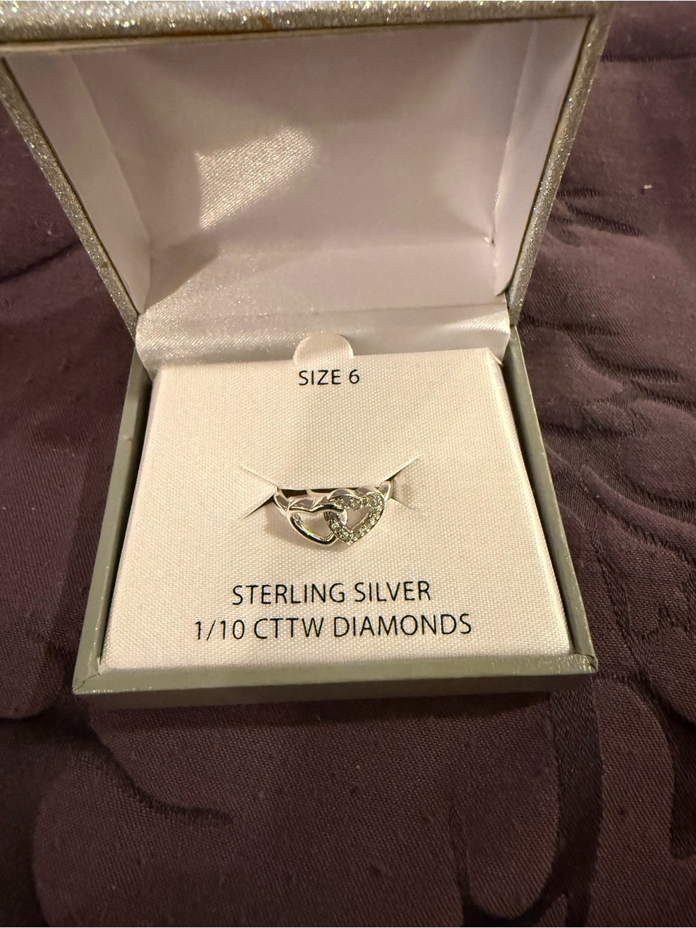 Sterling Silver Heart Ring with Diamonds - Size 6